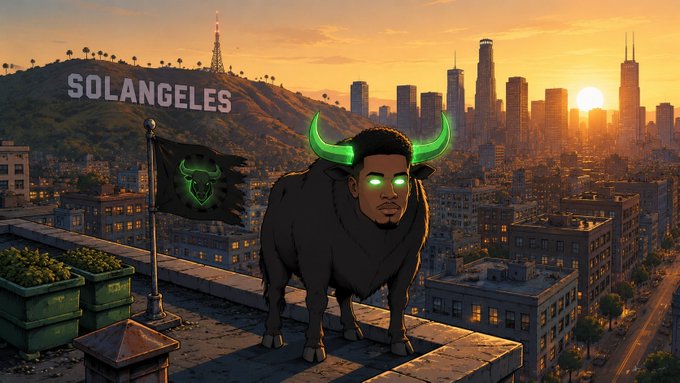 A cartoon black bull with glowing green horns and eyes, sporting the face of influencer Ansem, stands on a rooftop overlooking a city skyline at sunset with "SOLANGELES" displayed on a hillside—evoking a bullish memecoin mascot for the Solana ecosystem tied to $ANSEM.