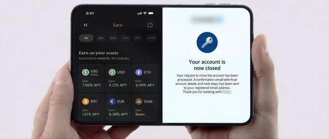 A split-screen iPhone display shows the ether.fi "Earn" app on the left, featuring crypto assets with APYs (USDC 7.96%, ETH 3.49%, BTC 1.51%, EUR 6.38%, Gold Soon), alongside a "Your account is now closed" confirmation message on the right, humorously illustrating the convenience of switching from traditional banking to crypto earning in one swipe.