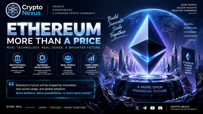 Crypto Nexus promotional graphic for Ethereum, featuring the Ethereum symbol and tagline 'Ethereum: More Than a Price—Real Technology, Real Usage, A Brighter Future,' highlighting institutional adoption, network development, real-world usage, and long-term growth.