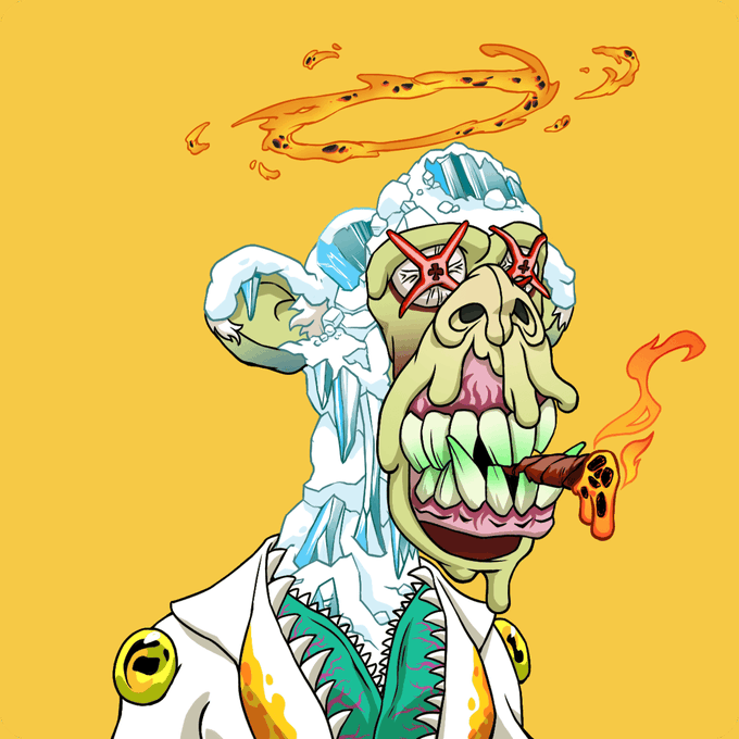 Illustration of a grotesque cartoon character with an icy/crystalline head, red X eyes, smoking a cigar, wearing a jacket with flame patterns against a yellow background.