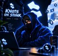 A hooded figure at a laptop in a dark setting with text "KNOTS ON STONE" and icons including a Bitcoin symbol and gear.