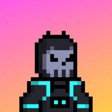 A pixel art illustration of a grim reaper-like character with a skull face and cyan accents against a pink and orange gradient background.