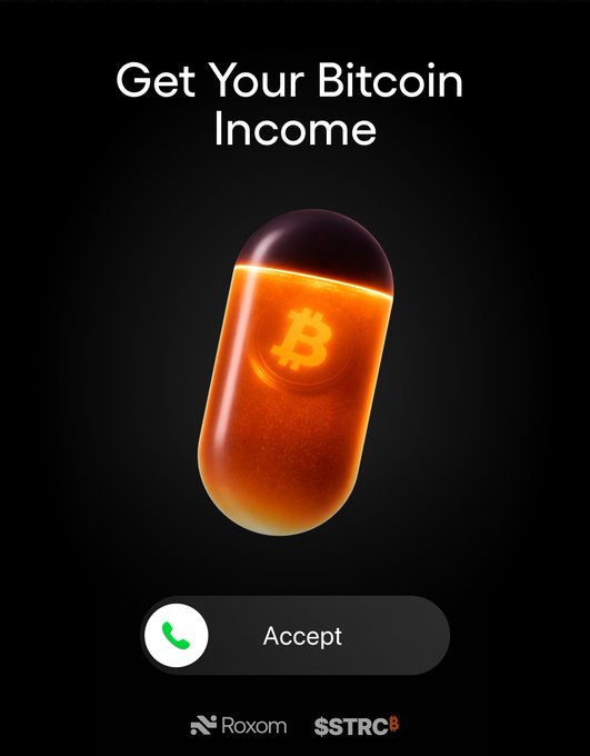 The image features a large, orange pill with a black cap that has a Bitcoin symbol on it. The text below the pill reads "Get Your Bitcoin Income", indicating that the pill contains Bitcoins as its source of income. The caption above the pill states "That'S how digital credit works on Roxom: get your Bitcoin paycheck." This suggests that the pill is designed to generate income through the use of Bitcoins, and it encourages users to accept Bitcoins as a form of payment for goods or services rendered by others.