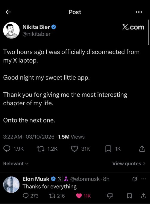 A screenshot of an X post by Nikita Bier (@nikitabier) saying goodbye to X, with a reply from Elon Musk (@elonmusk) saying 'Thanks for everything.'