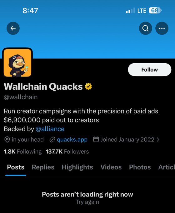 The image shows a Twitter profile for Wallchain Quacks that has been suspended due to improper account activity. The poster is asking followers not to load their own posts until they successfully restore the suspended account, which involves taking a final snapshot of user InfoFi activity and removing any leaderboards or other unsanctioned content from the website.