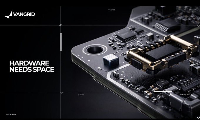 A sleek tech advertisement for 'VANGRID' featuring the tagline 'HARDWARE NEEDS SPACE' next to a detailed close-up of a computer motherboard component.