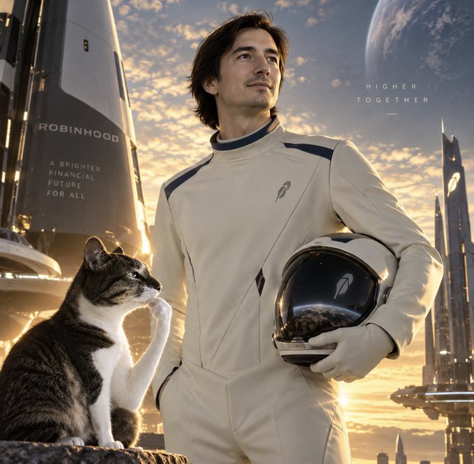 A futuristic promotional image featuring a man in a white spacesuit holding a helmet beside a cat, with a "ROBINHOOD" rocket displaying "A BRIGHTER FINANCIAL FUTURE FOR ALL" and the tagline "HIGHER TOGETHER."