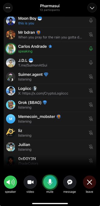 A screenshot of a Discord-style voice channel called 'Pharmasui' showing 13 participants, with Moon Boy speaking and others including Mr bdran, Carlos Andrade, J.D.L, Suimer.agent, and others listening.