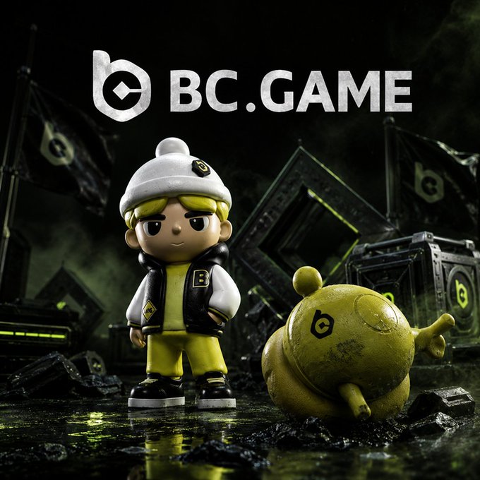 The image features a cartoon boy wearing a white hat, yellow jacket, and black pants standing next to a yellow toy dinosaur figure. The backdrop of the scene is dark green with various objects scattered around them. In the background, there are two flags - one on the left side and another on the right side. The caption at the bottom of the image reads "Happy Children's Day! BC.GAME is sending you real bonus candy Code: OHQXABEBDSAR53NCECJDNOQRXU Let’s spin like kids again".