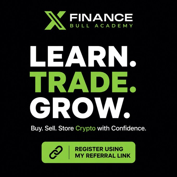 A promotional graphic for "X Finance Bull Academy" with bold text reading "LEARN. TRADE. GROW." and the tagline "Buy. Sell. Store Crypto with Confidence," along with a green button prompting viewers to "REGISTER USING MY REFERRAL LINK." The image visually supports the post's message about taking the time to properly learn about cryptocurrency, particularly XRP, by offering an educational resource for beginners.