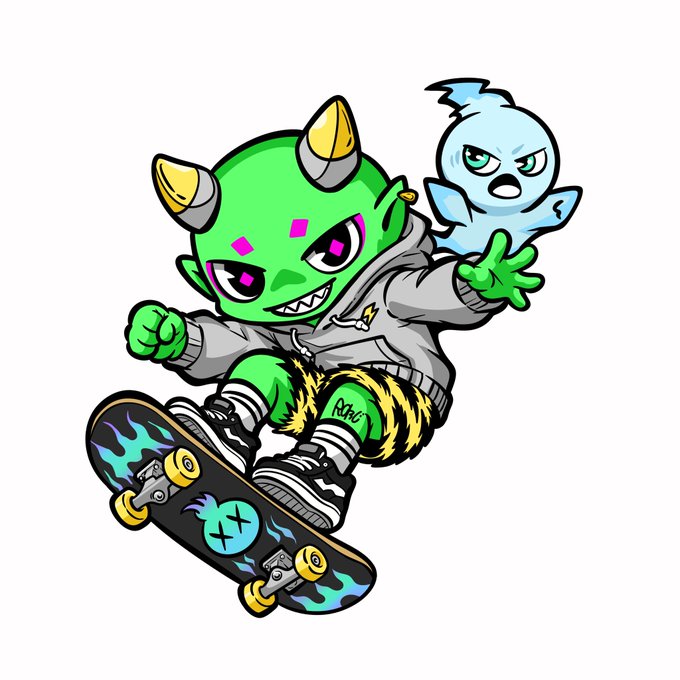 The image features a cartoon illustration of a green monster riding a skateboard. The monster has horns and a yellow nose, giving it an evil appearance. The background of the image is white, which contrasts with the vibrant colors of the monster's outfit and the skateboard. The caption below the image reads "Good morning I had the pleasure of drawing some fan art for Crypto Ninja ⚡︎ CNP After thinking it over, I ended up drawing the little oni character Yarma, who'n caught my eye since its debut, along with Mitama This weekend, as JUNKeeeeS".
