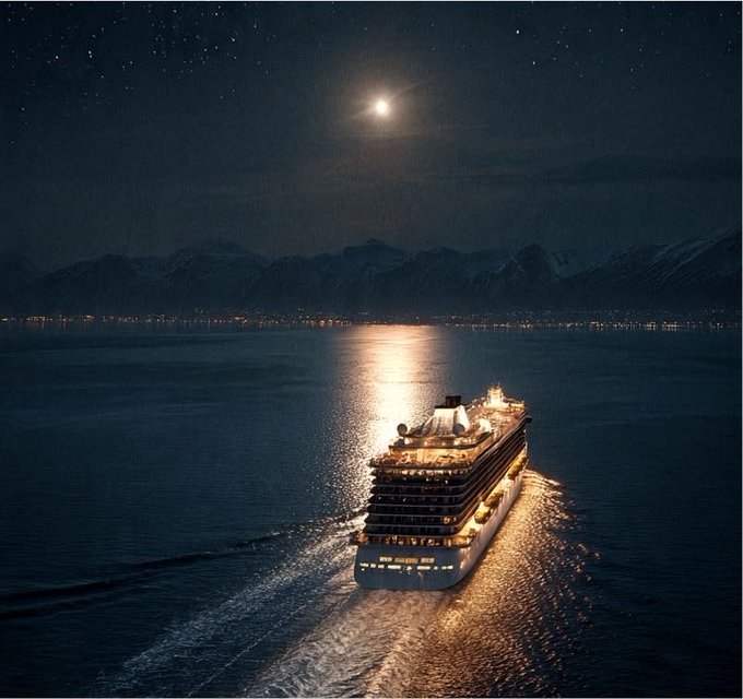 An aerial nighttime view of an illuminated cruise ship sailing on calm waters, with mountains and a bright moon in the background.