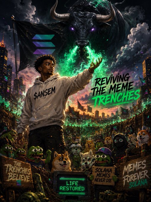 A vibrant promotional artwork titled 'Reviving The Meme Trenches' featuring a figure in a 'SANSEM' hoodie channeling green energy toward a demonic bull, surrounded by Pepe and Doge meme characters with signs reading 'THE TRENCHES BELIEVE', 'SOLANA MEMES NEVER DIE', and 'MEMES FOREVER SOLANA'.