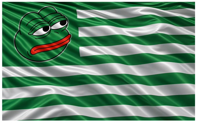 A waving flag with horizontal green and white stripes features a cartoon frog face with half-closed eyes in the upper left corner.
