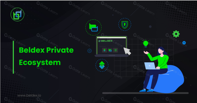 A dark promotional graphic for the Beldex Private Ecosystem, featuring the text "Beldex Private Ecosystem" alongside an illustration of a person using a laptop connected to a screen displaying the BELDEX interface, surrounded by privacy and security icons. The image visually reinforces the post's message about Beldex's suite of privacy-focused Web3 products, including BChat, BelNet, Beldex Browser, and BNS, with the website "www.beldex.io" displayed in the corner.
