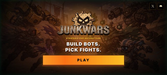 The title screen for the game 'JunkWars' with the tagline 'BUILD BOTS. PICK FIGHTS.' and a 'PLAY' button.