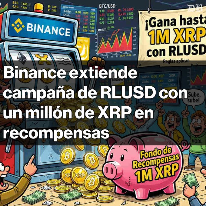 A Spanish-language promotional graphic titled "Binance extiende campaña de RLUSD con un millón de XRP en recompensas," showing cartoon characters around a slot machine with Binance and crypto coins, plus a pink piggy bank labeled "Fondo de Recompensas 1M XRP."