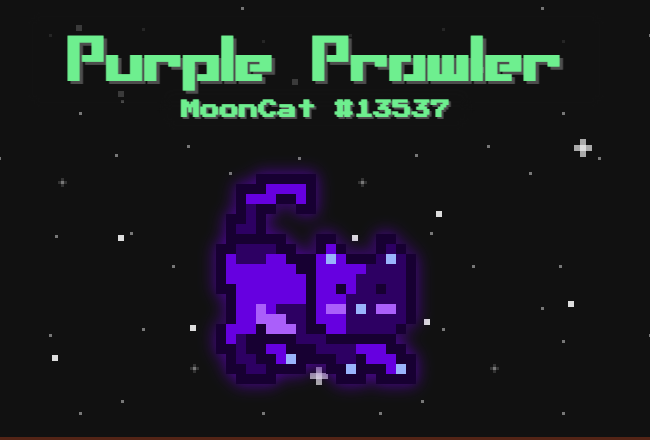 The image features a purple cat with green eyes, sitting under a starry sky. The cat appears to be sleeping or resting, as indicated by its relaxed posture. The background of the image consists of stars scattered across the night sky, creating an otherworldly atmosphere. The text "Purple Prowler" is written in green at the top of the image, and it also includes a link to the game's website for more information about the game or to purchase it.