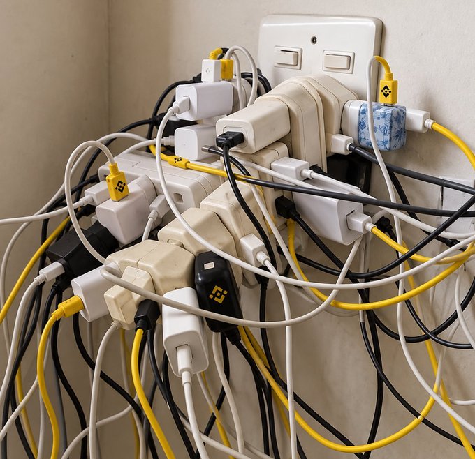 A chaotic tangle of white, yellow, and black cables spills from an overloaded multi-plug adapter dangling from a wall outlet, creating a tangled mess of chargers and adapters. The visual chaos and unwieldy mess of tangled wires humorously parallels the messy, complicated past referenced in the caption—suggesting her history is as overwhelming and entangled as this electrical disaster.