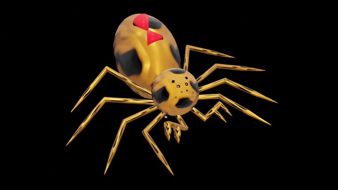 A 3D render of a stylized, cartoonish spider with a shiny golden body, black spots, a red marking on its back, and long, pointed golden legs against a black background.
