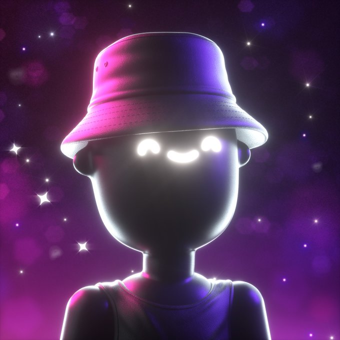 A 3D-rendered white figure with glowing, smiling eyes, wearing a pink and purple bucket hat and tank top against a sparkling starry background.