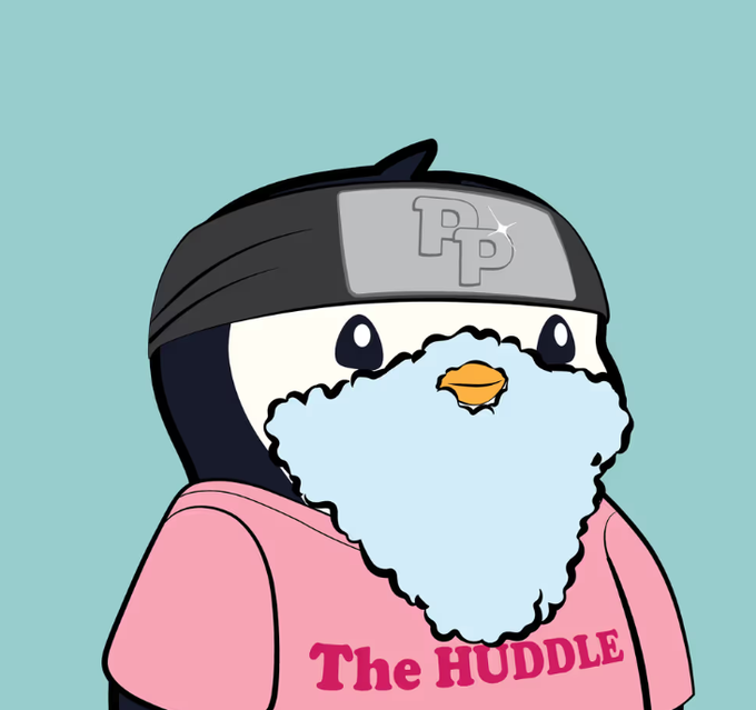 A cartoon penguin character wearing a black ninja-style headband with 'PP' logo and a pink shirt that reads 'The HUDDLE'.