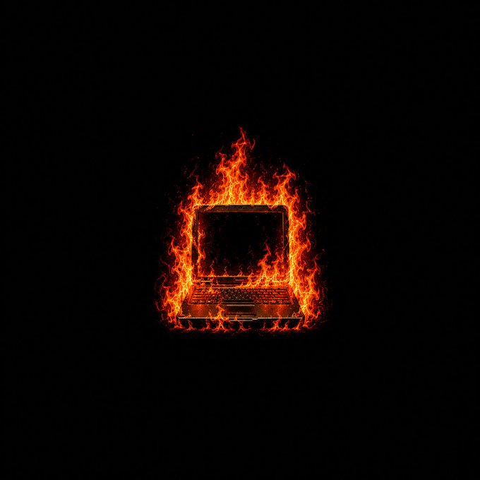 A laptop engulfed in bright orange and red flames against a black background.