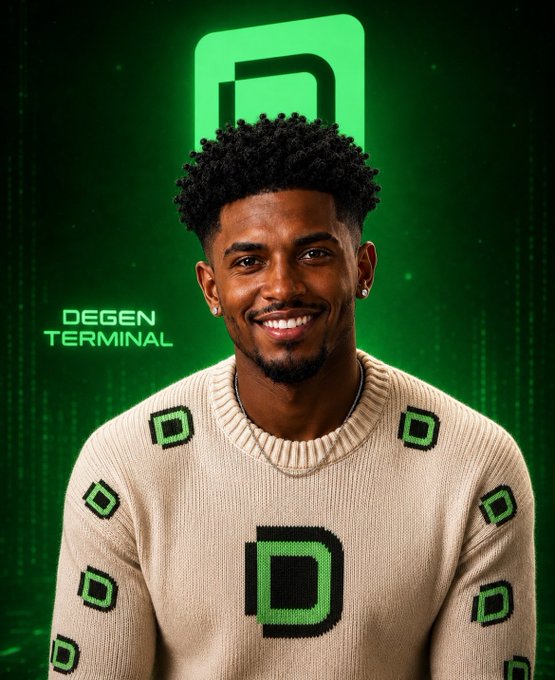 A smiling young man with curly hair wears a beige sweater featuring green "D" logos, posed against a green background with "DEGEN TERMINAL" text and a large "D" symbol.
