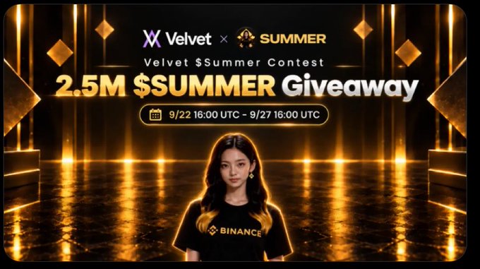 A promotional graphic announces a '2.5M $SUMMER Giveaway' by 'Velvet x SUMMER' running from 9/22 16:00 UTC to 9/27 16:00 UTC, featuring a woman in a Binance shirt.