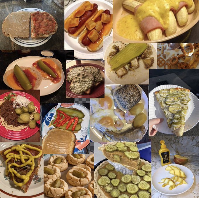 A collage of various food photos featuring bread, hot dogs, potatoes, pickles, and cookies in different dishes.