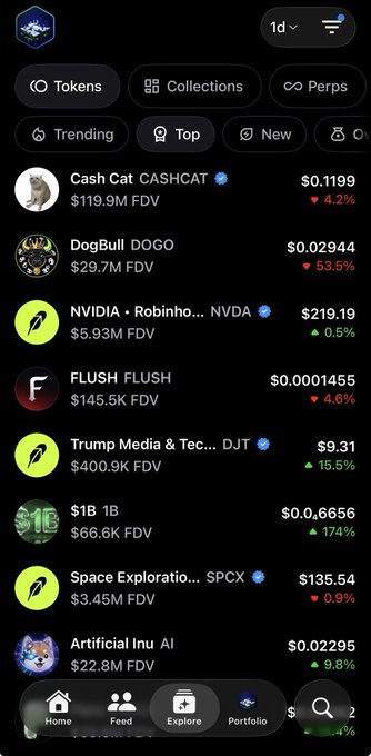 A mobile crypto app interface showing trending tokens including Cash Cat ($0.1199), DogBull ($0.02944), NVIDIA token ($219.19), and others with their FDV values.