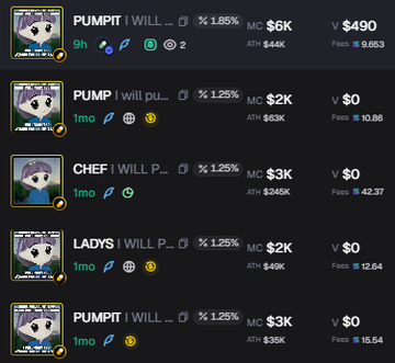 A list of pump.fun token listings showing tokens named PUMPIT, PUMP, CHEF, and LADYS with various market cap values, fees, and percentage changes.