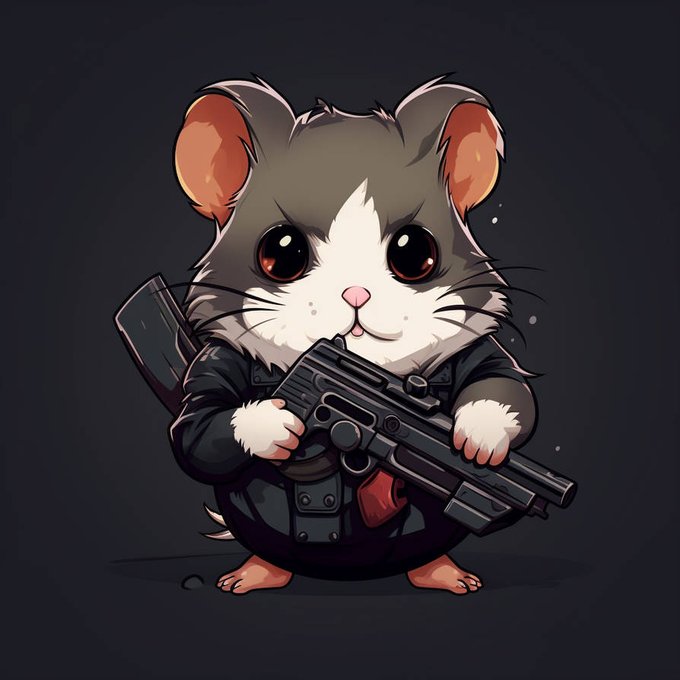 A chibi-style cartoon illustration of a cute, big-eyed hamster wearing a black tactical outfit and holding a large rifle against a dark gray background.