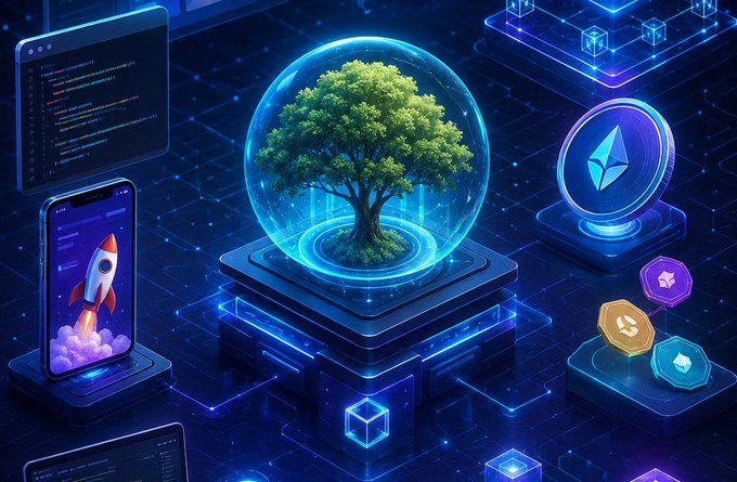 An isometric digital illustration showing a glowing tree in a glass sphere surrounded by a smartphone with a rocket, an Ethereum coin, a code window, and various crypto-related icons on blue platforms.