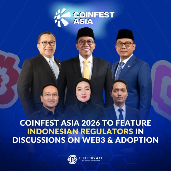 Promotional graphic for CoinFest Asia 2026 showing Indonesian regulators, with text about discussions on Web3 & adoption, sourced from Bitnas.