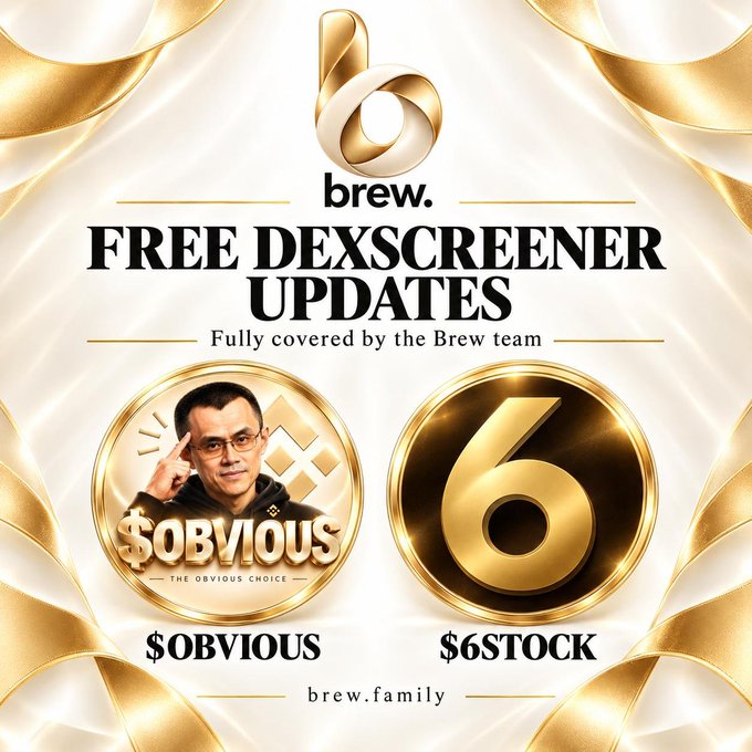 A gold and white promotional graphic for 'brew.' advertising 'FREE DEXSCREENER UPDATES' with two circular tokens labeled '$OBVIOUS' (featuring a man in a hoodie) and '$6STOCK', directing to brew.family.