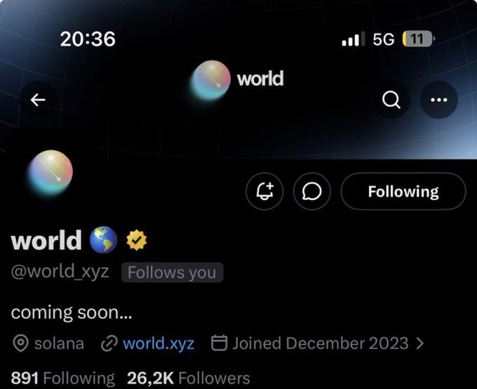 A mobile screenshot of an X (Twitter) profile for "world" (@world_xyz), which has 891 Following and 26.2K Followers, joined in December 2023, with the bio "coming soon..." and a Solana link to world.xyz.
