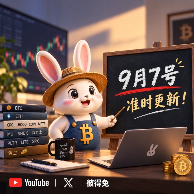 A cheerful cartoon bunny in overalls points to a chalkboard displaying "9月7号 准时更新!" (September 7th, On-time Update!), alongside a desk with Bitcoin-related items including a "BTC" mug, stock ticker books (BTC, ETH, HOOD, MSTR), a laptop, and gold Bitcoin coins, with a Bitcoin chart visible in the background.

The image visually announces the upcoming September 7th video analysis update, with the bunny's pointing gesture toward the chalkboard reinforcing the post's promise of a timely video covering Bitcoin's major structural framework.