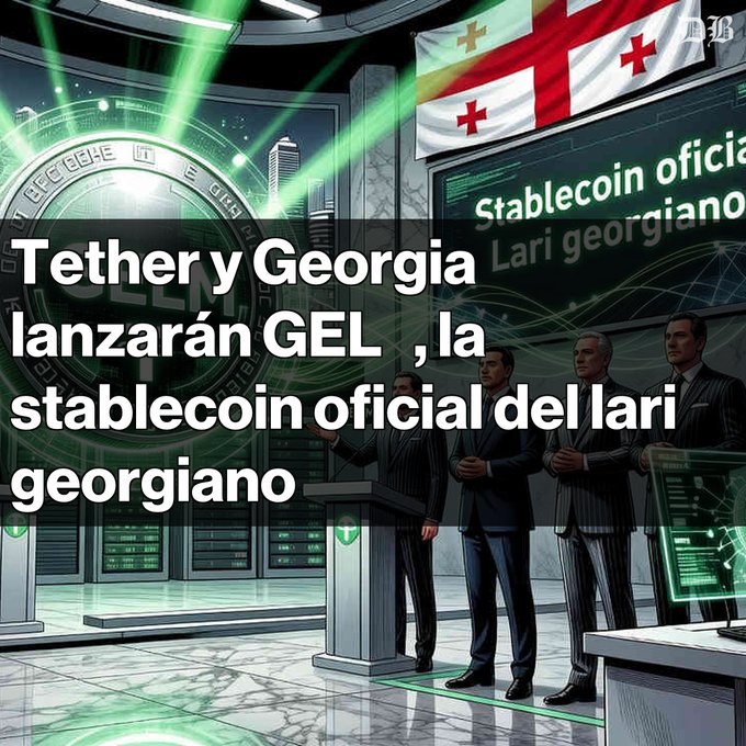 The image features a group of men dressed in suits standing around a table, with a banner hanging above them that says "Tether y Georgia lanzan GEL", which translates to "Tethering" in English. The men are wearing ties, indicating a formal gathering or event. The scene also includes a computer monitor and keyboard on the table, suggesting that they might be discussing or working on something related to the stablecoin oficial.