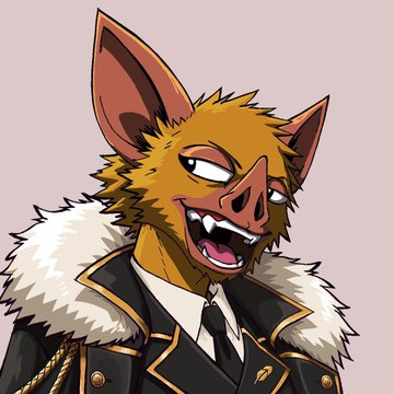 An anthropomorphic bat character with a wide grin, wearing a sharp suit with a fur collar and gold chain, complements the post's confident, playful tone about acquiring $HOODRAT tokens to qualify for the @hoodrat_coin NFT mint—tying into the project's mascot and streetwear-inspired branding.