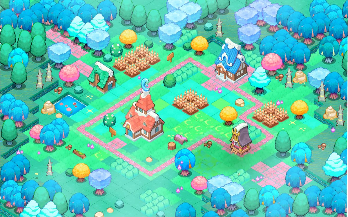 The image features an intricate 3D rendering of a village with various buildings and trees. The village appears to be located within a forested area, creating a sense of depth and realism. The buildings are designed like houses or cottages, while the trees add to the overall atmosphere of the scene. The post about Axie starts at the top left corner and continues down the center of the image, providing information about the game's concept and its relation to the original idea behind it: Terrariums. These virtual homes are designed in a way that allows players' axies to live there, grow stronger, and harvest resources from their surroundings. The post also mentions battles and raising your axie as part of Axie's journey through the game world.