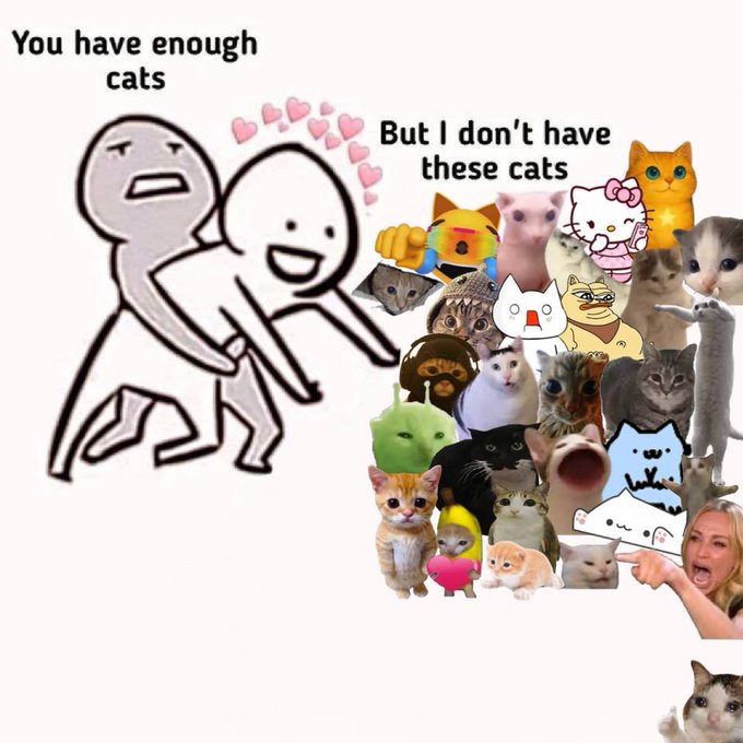 A meme showing a stick figure saying 'You have enough cats' while a crowd of people and cats reply 'But I don't have these cats', featuring various cat images.