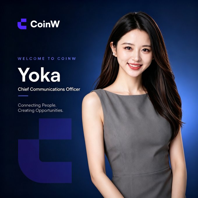 The image is a professional welcome announcement for Yoka, showing her appointed as Chief Communications Officer at CoinW, with the tagline "Connecting People. Creating Opportunities." It features her portrait in a gray sleeveless dress against a blue background, with the CoinW logo displayed prominently.