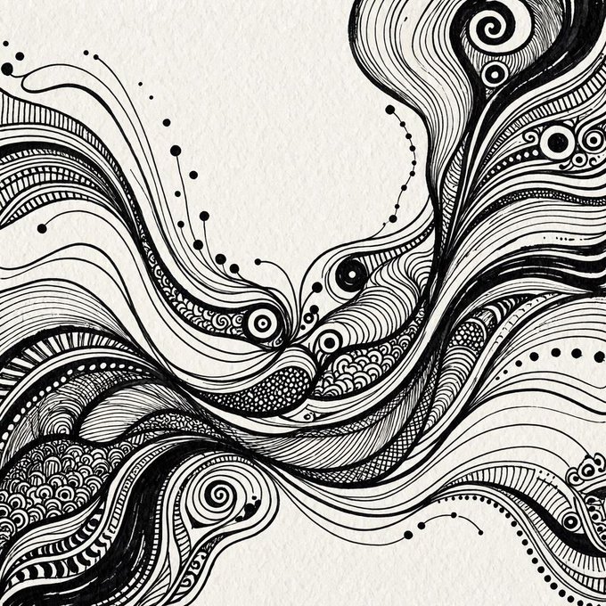 A black and white pen-and-ink illustration with flowing, abstract lines, swirls, and dotted patterns on textured paper.
