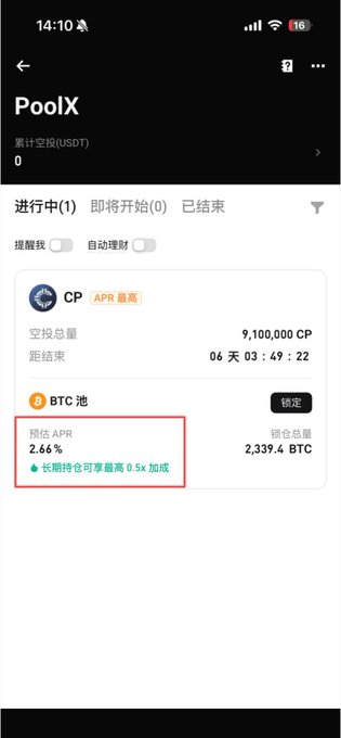 Bitget's PoolX interface displaying an ongoing CP airdrop event with a 2.66% estimated APR, highlighted by a red box noting a "0.5x bonus for long-term holders," illustrating the new holding bonus mechanism mentioned in the post.