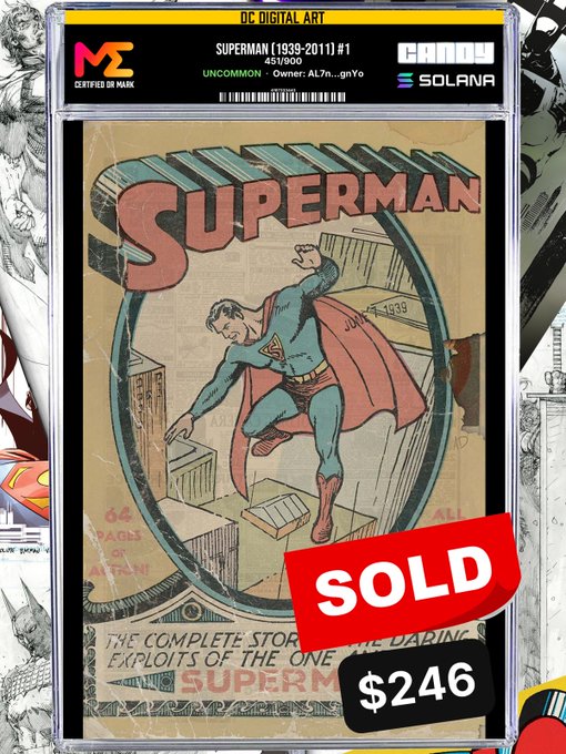 A graded digital art slab of 'Superman (1939-2011) #1' certified by Certified or Max, listed on Candy on Solana, marked 'SOLD' for $246.