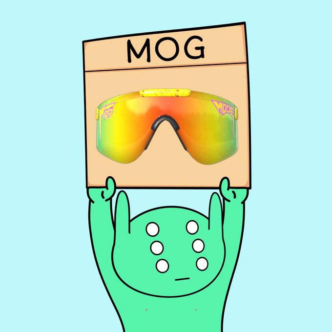 A cartoon green creature with a simple face holding up a cardboard box labeled 'MOG' containing reflective orange and yellow sunglasses, against a light blue background.