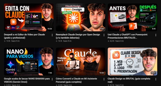 A YouTube search results page in Spanish showing multiple video thumbnails about using AI tools like Claude, ChatGPT, and Gemini for design and video creation.