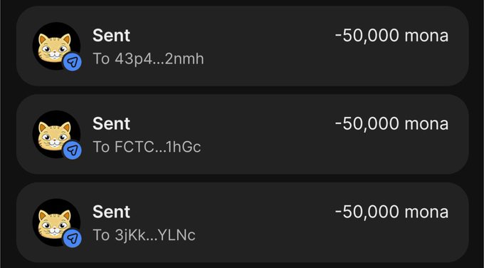 The image displays three transaction records showing "Sent" payments of "-50,000 mona" each, addressed to truncated wallet identifiers (43p4...2nmh, FCTC...1hGc, and 3jKk...YLNc), each accompanied by an orange cat avatar. These records appear to serve as purported proof of $MONA token airdrop distributions supporting the post's claim that participants can receive 50,000 $MONA by liking, retweeting, and following @MONAso with their $SOL address for a limited 4,444-wallet giveaway.