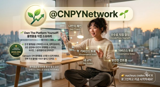 Promotional graphic for "@CNPYNetwork" featuring a woman in a modern apartment with city views, highlighting features like "Own The Platform Yourself!" platform ownership, "Governance Vote," "My Rules," and "Total Control," with a $100,000 creator reward pool mentioned.
